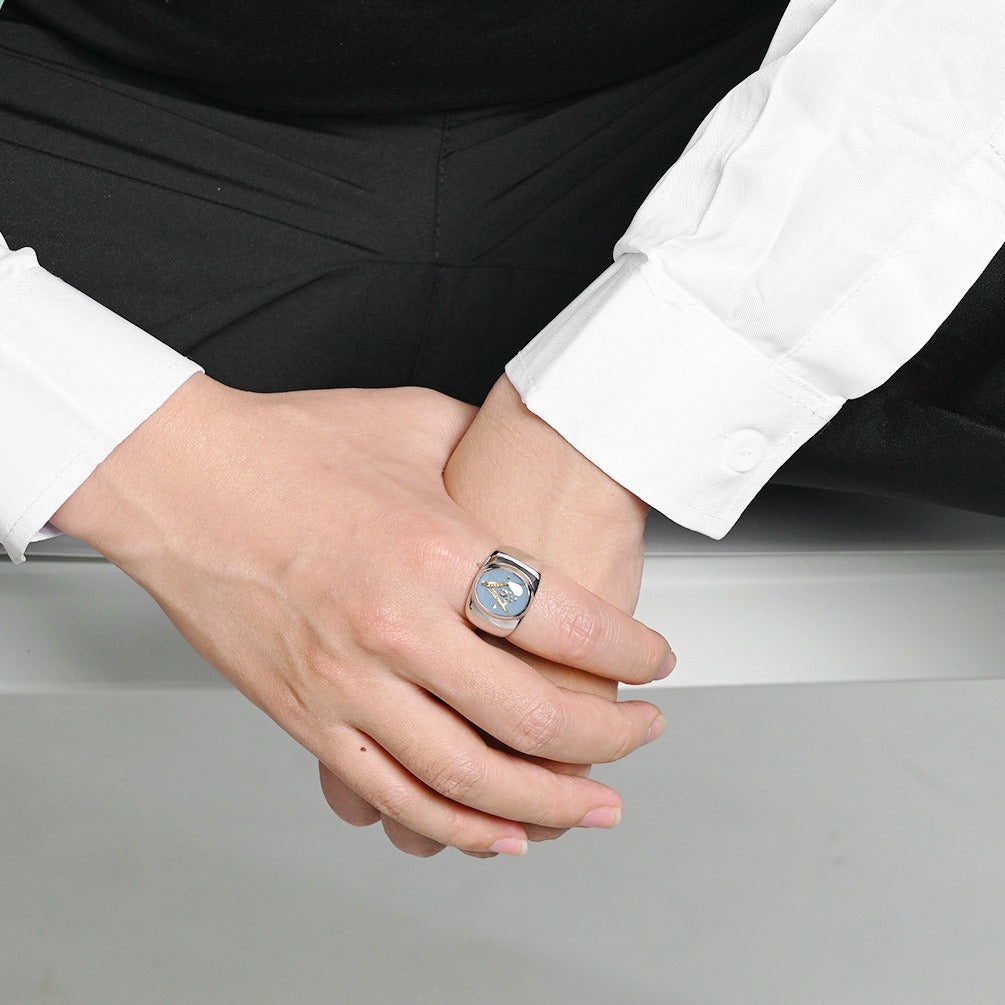 Kemstone Stainless Steel Freemason Blue Emblem Signet Ring for Men Vintage Symbol K-R1182