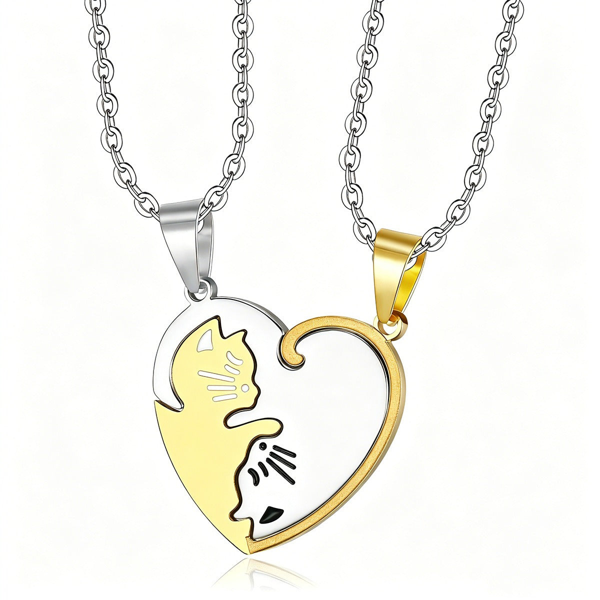 Kemston Titanium Steel Cat Couple Necklace Black White Heart 55cm TN0197