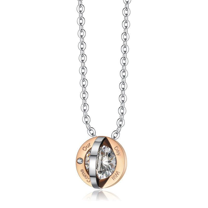 Kemstone Round Cubic Zirconia Couple Necklace for Men & Women Stainless Steel Silver Rose Gold TN0321
