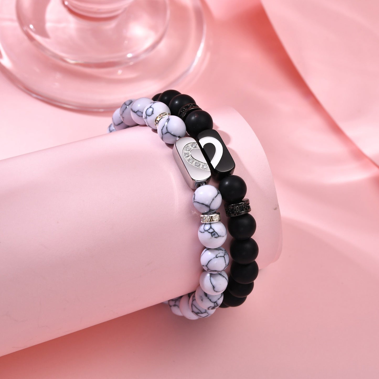 Kemstone Stainless Steel Beaded Couple Bracelet Set – Black Agate & White Howlite PN-CB174SB3