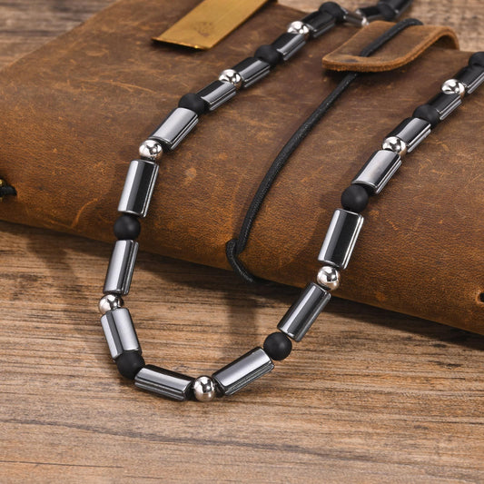 Kemstone Stainless Steel Hematite Bead Necklace – Matte Square Stone Design for Men NC-1702