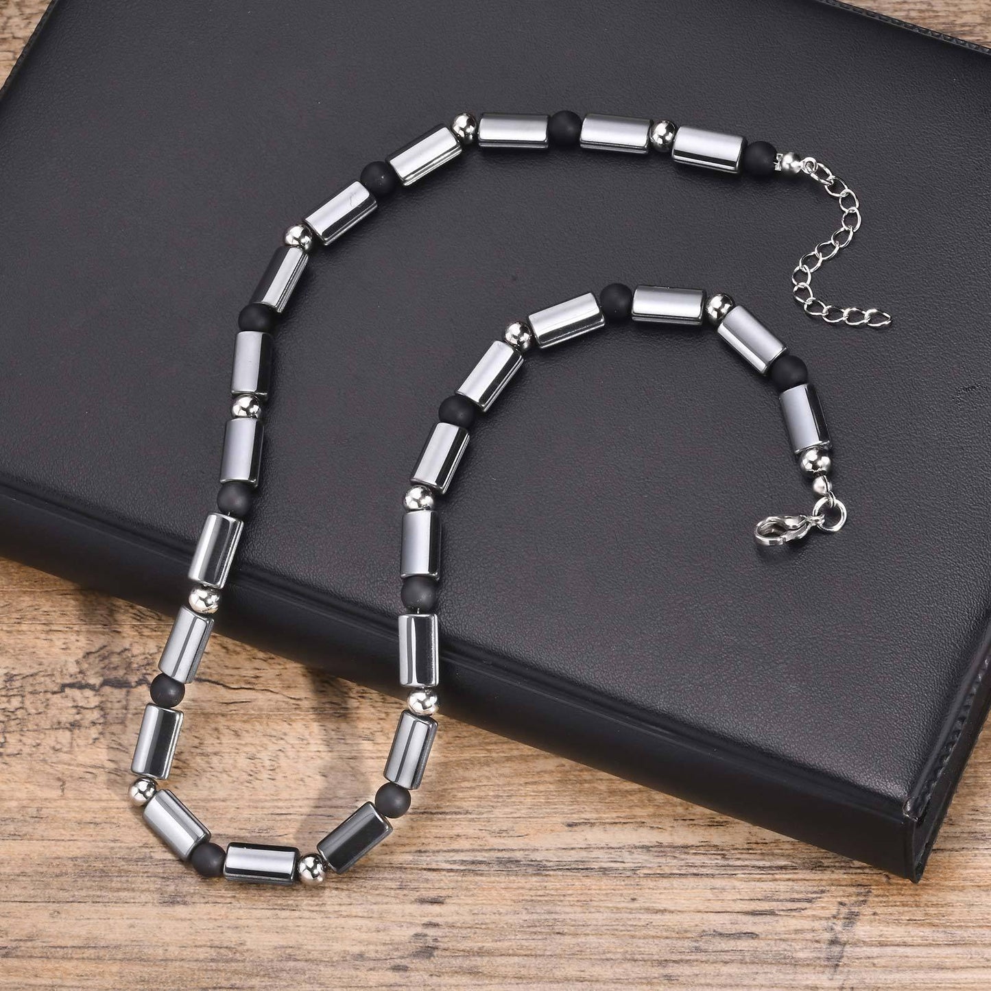 Kemstone Stainless Steel Hematite Bead Necklace – Matte Square Stone Design for Men NC-1702