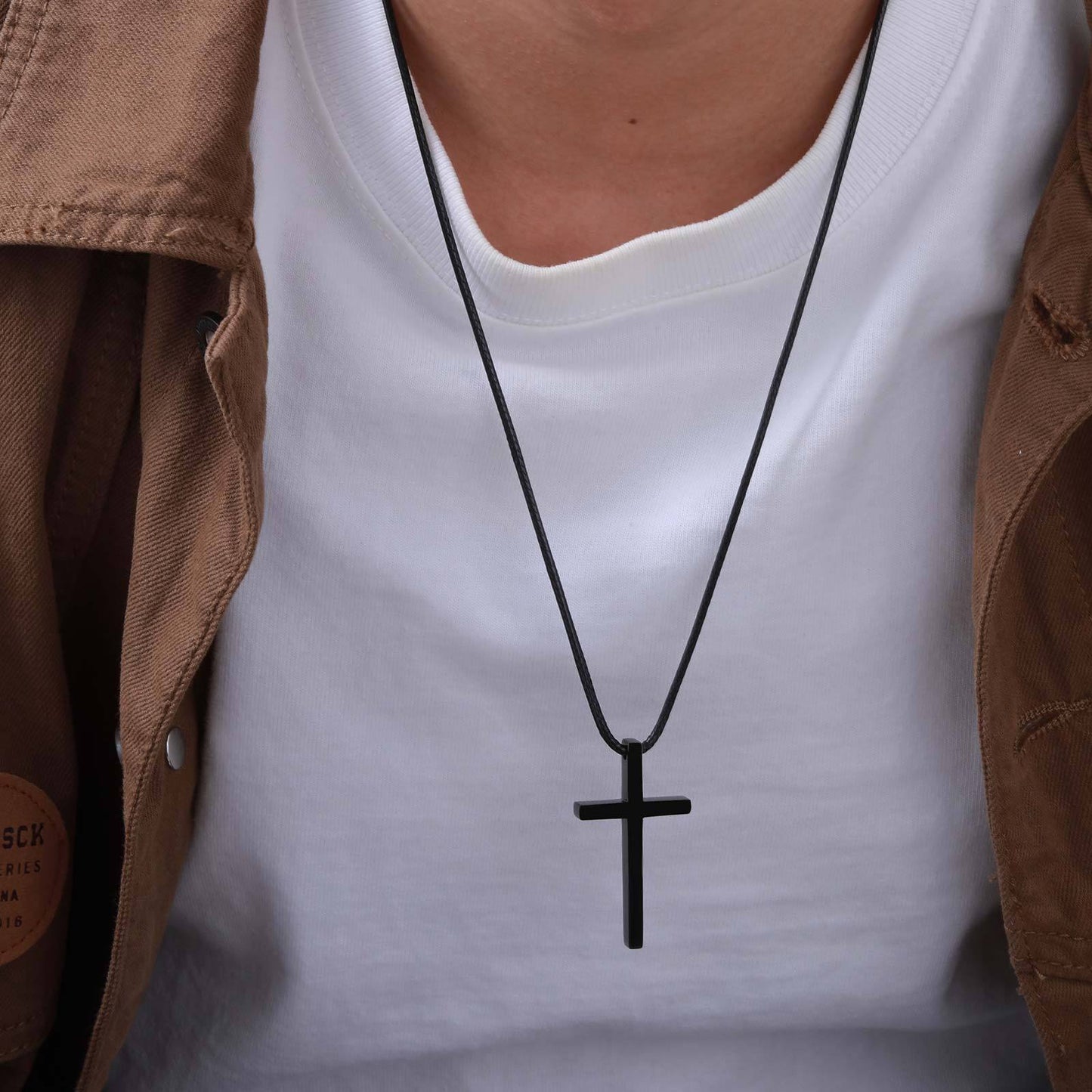 Kemstone Stainless Steel Cross Pendant Necklace with Wax Cord for Men – Black & Silver NC-1977