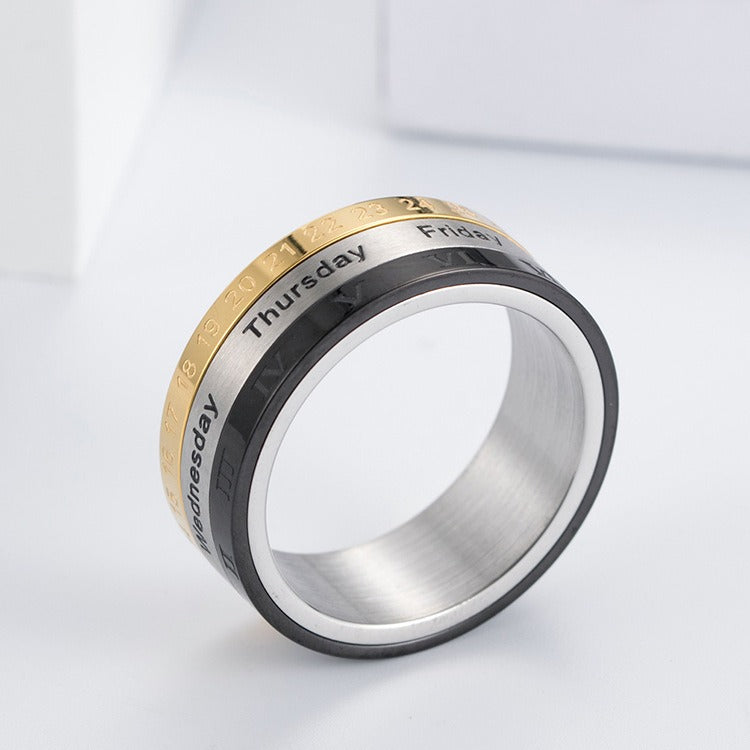 Kemstone Stainless Steel Calendar Ring for Men Roman Numeral Spinner Band K-R076