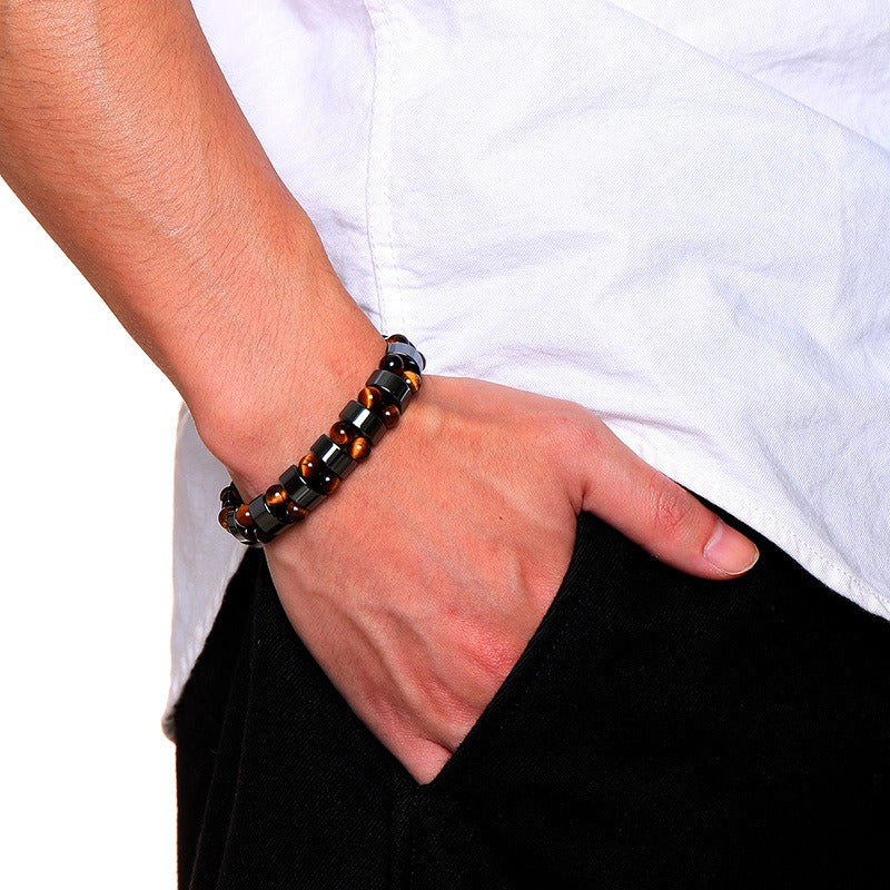 Kemstone Hematite Beaded Bracelet – Tiger Eye or Black Beads with Elastic Design for Men BR-703