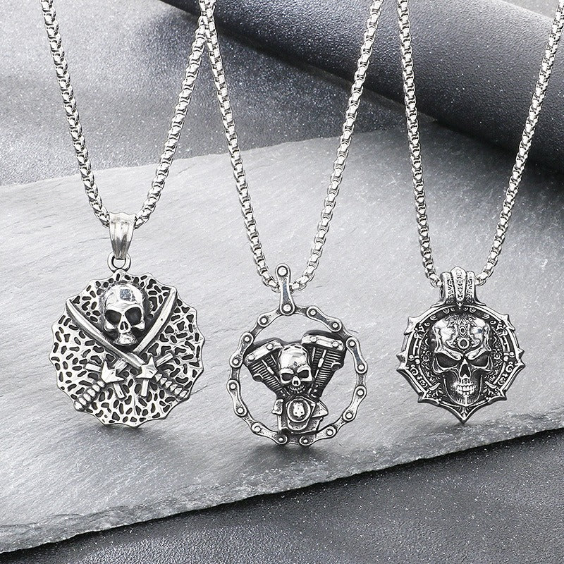 Kemstone Skull Pendant Necklace Stainless Steel Biker Mechanical Engine Design for Men KP117023-LU