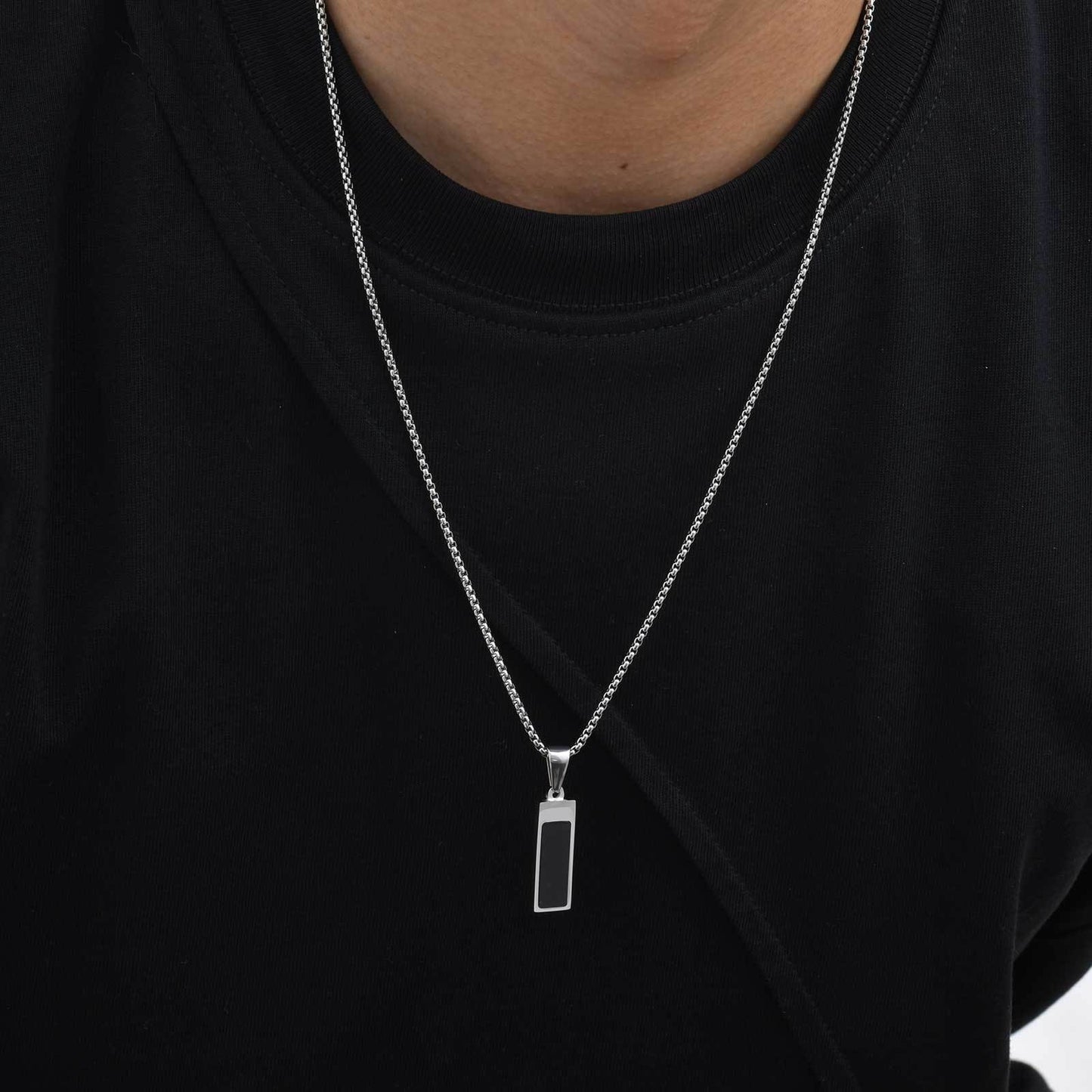 Kemstone Stainless Steel Black Acrylic Bar Pendant Necklace – Minimal Rectangle Style for Men PN-2179