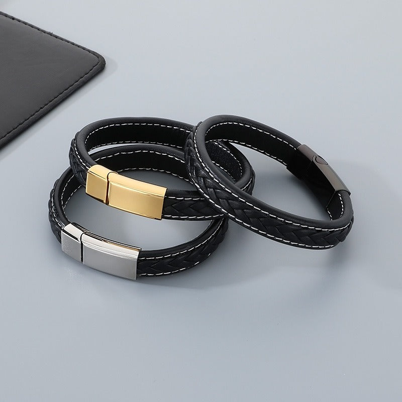 Kemstone Braided Leather Bracelet Secure Clasp Stainless Steel Flat Wristband for Men KB51333-D