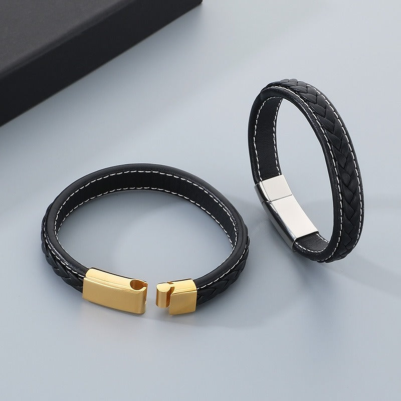Kemstone Braided Leather Bracelet Secure Clasp Stainless Steel Flat Wristband for Men KB51333-D