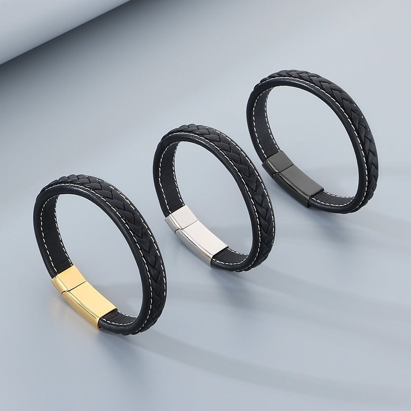 Kemstone Braided Leather Bracelet Secure Clasp Stainless Steel Flat Wristband for Men KB51333-D