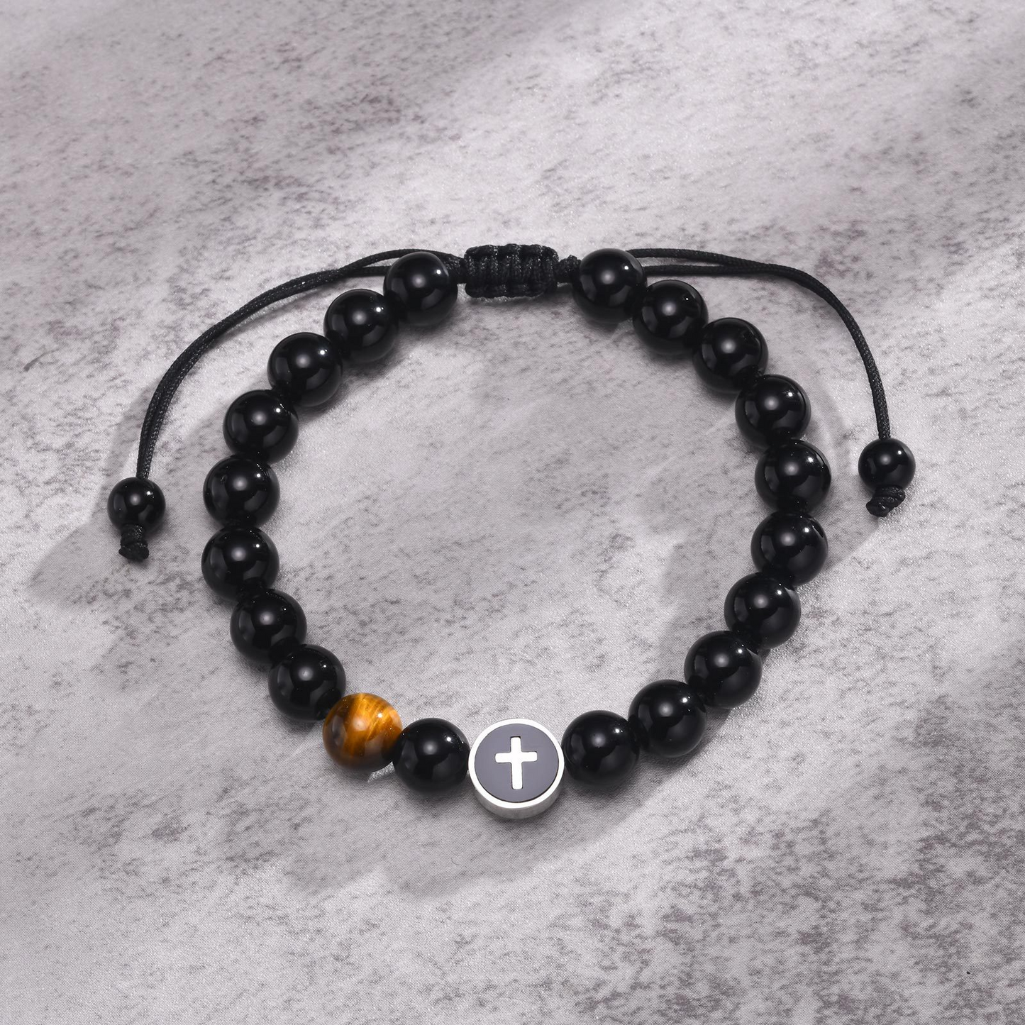 Kemstone Stainless Steel Cross Beaded Bracelet for Men – Adjustable Natural Stone CB-194