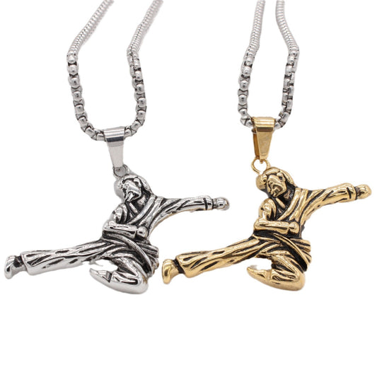Kemstone Titanium Steel Kung Fu Figure Pendant Necklace for Men Dynamic Pose Martial Arts Design P1383