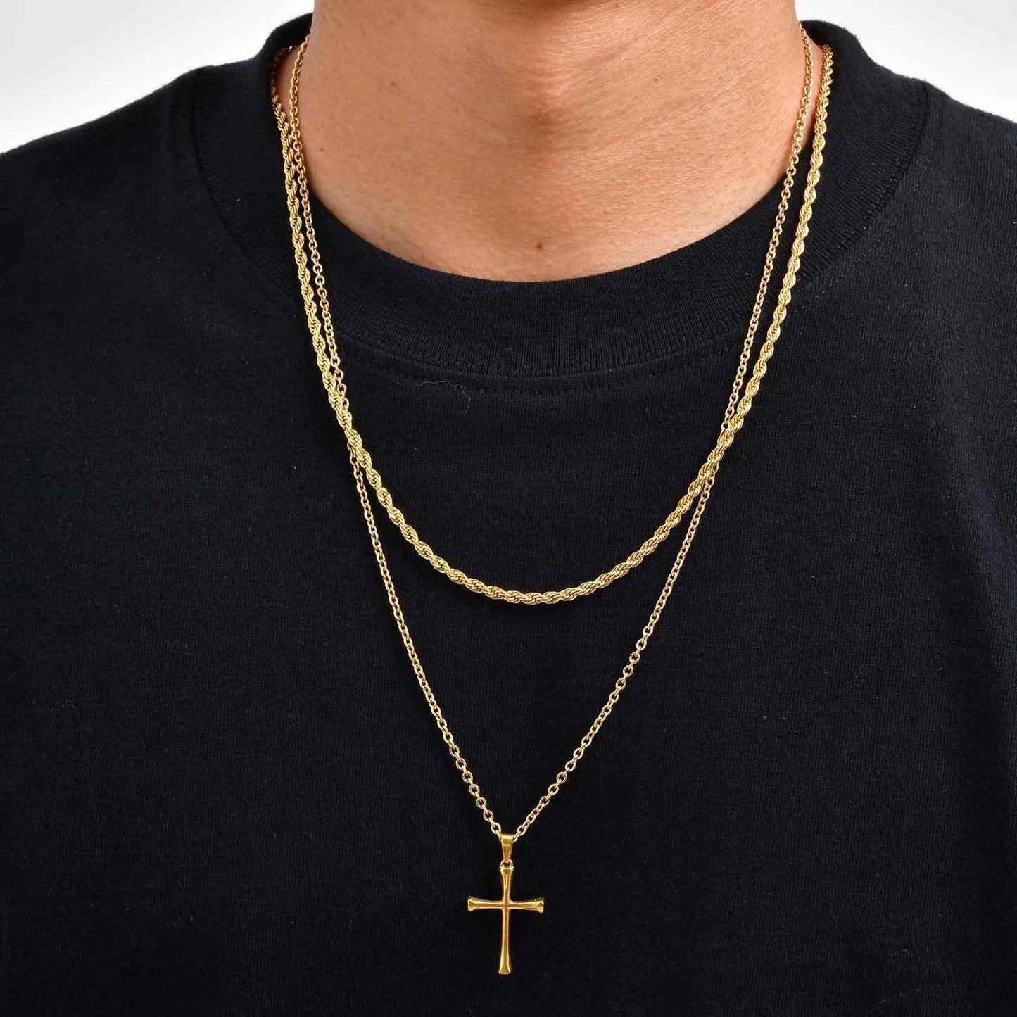 Kemstone Stainless Steel Cross Pendant Necklace – Gold Twisted Chain for Men PN-2260