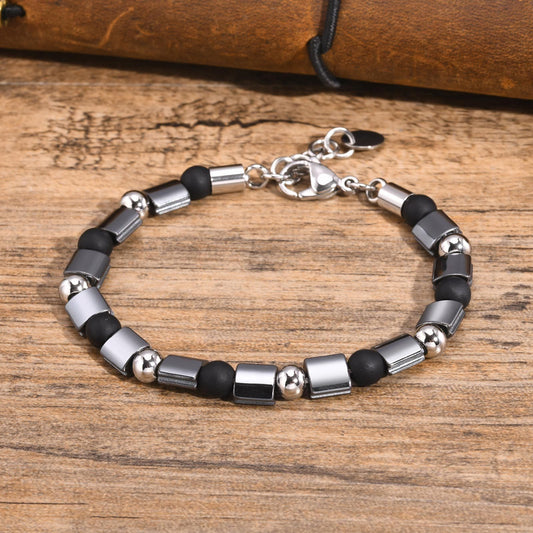 Kemstone Stainless Steel Hematite Bead Bracelet – Matte Square Stone Design for Men BR-1906