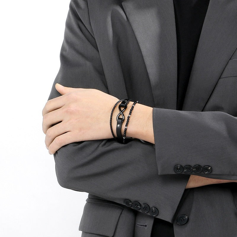 Kemstone Layered Leather Beaded Infinity Bracelet for Men Stainless Steel Clasp Wristband KB180750-JR