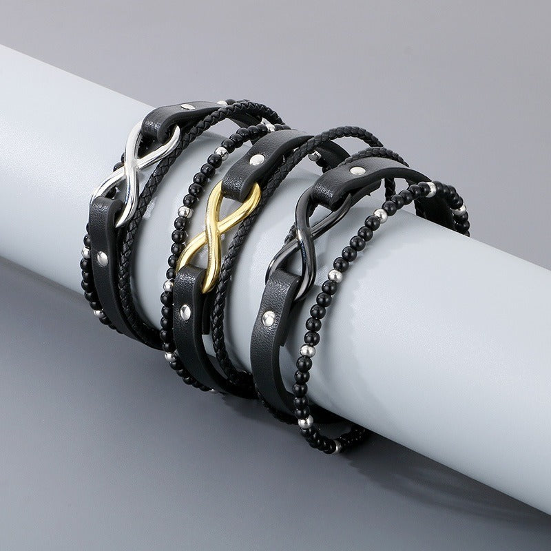 Kemstone Layered Leather Beaded Infinity Bracelet for Men Stainless Steel Clasp Wristband KB180750-JR