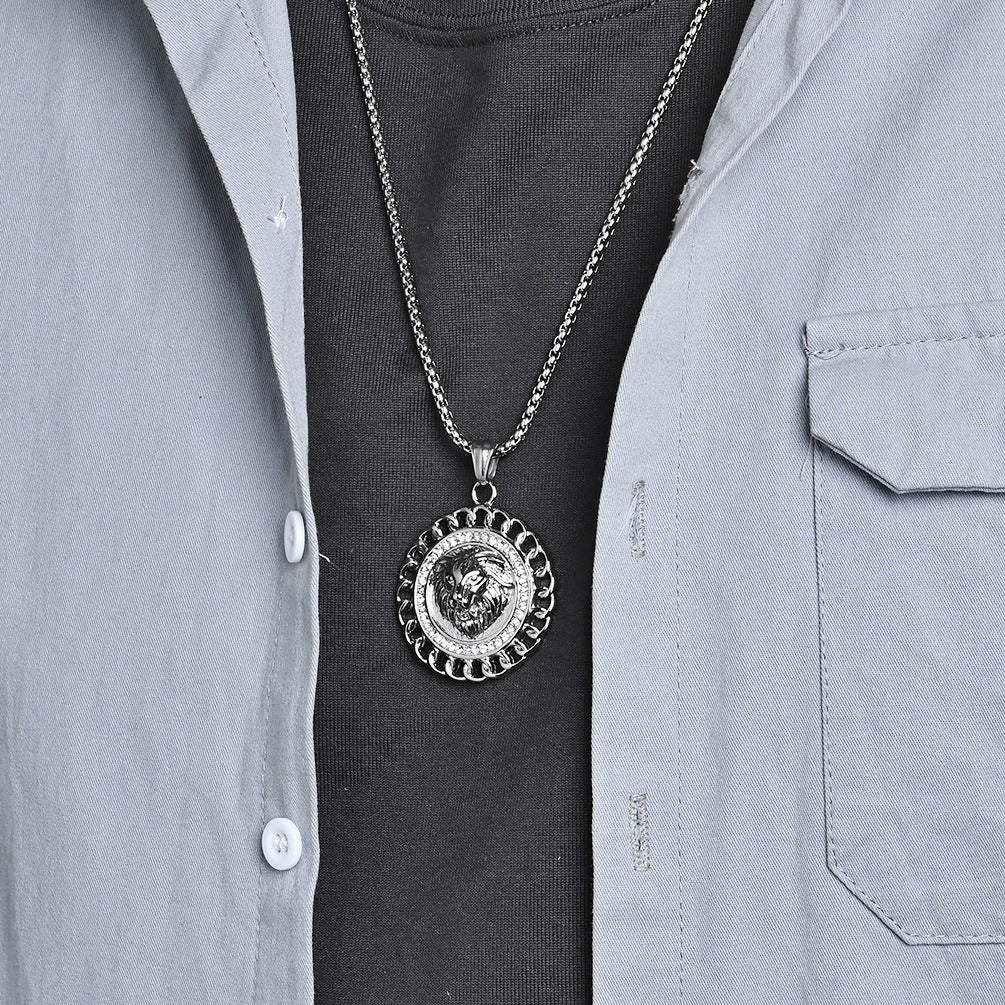 Kemstone Stainless Steel Lion Medallion Pendant Necklace for Men Gothic Vintage Animal Chain K-PT624