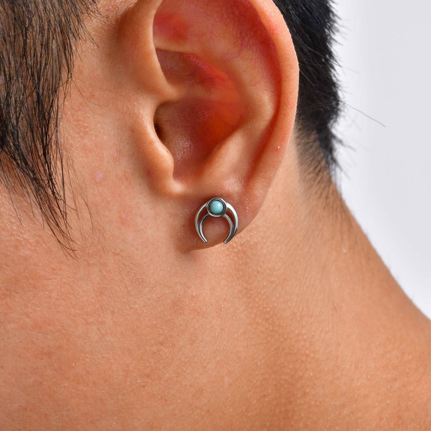 Kemstone Stainless Steel Moon Stud Earring – Turquoise Punk Style for Men ES-748