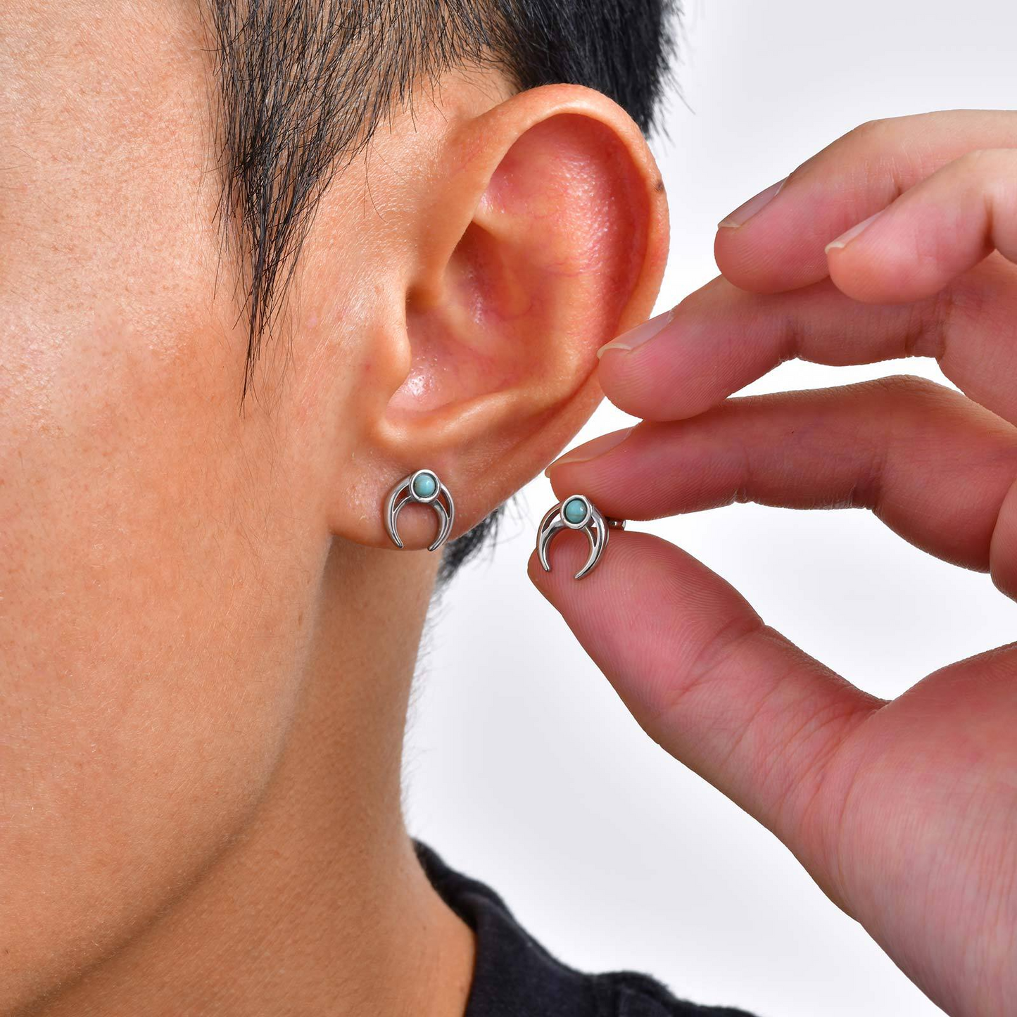 Kemstone Stainless Steel Moon Stud Earring – Turquoise Punk Style for Men ES-748