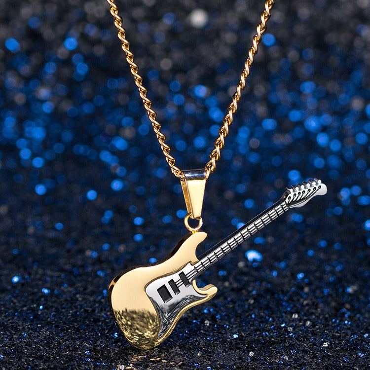 Kemstone Stainless Steel Electric Guitar Pendant Necklace for Men – 60cm Chain, Silver Gold Black K-PT147