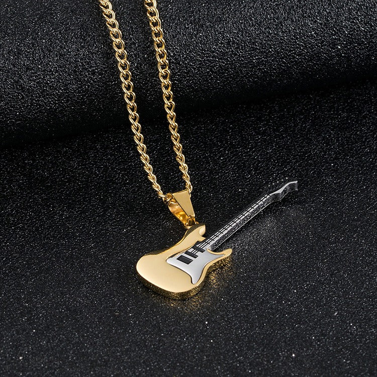 Kemstone Stainless Steel Electric Guitar Pendant Necklace for Men – 60cm Chain, Silver Gold Black K-PT147