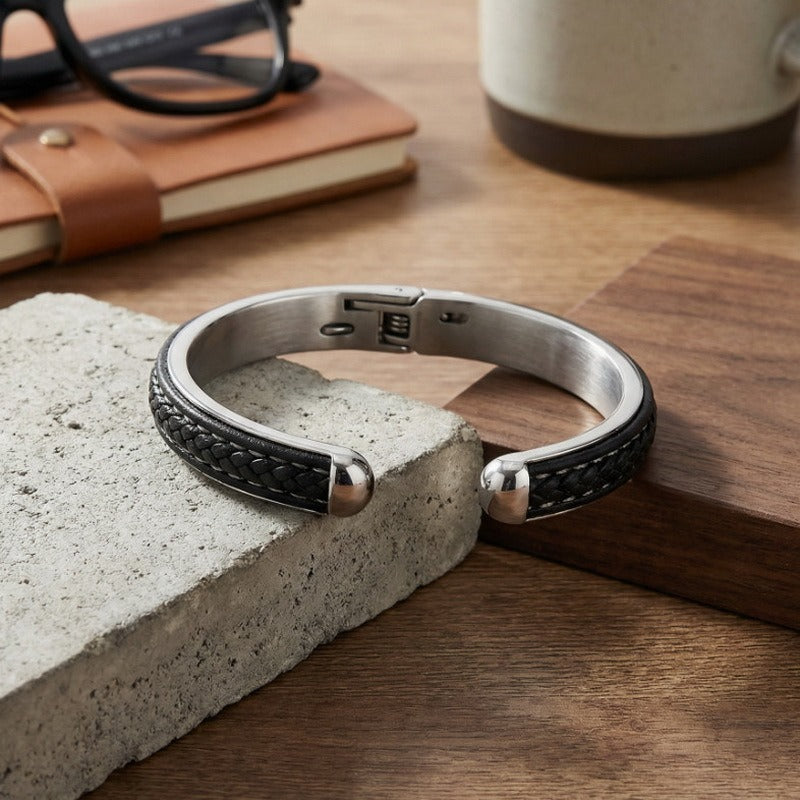 Kemstone Stainless Steel Braided Leather Open Cuff Bracelet for Men Minimalist Casual Wrist Bangle KB97554-BD