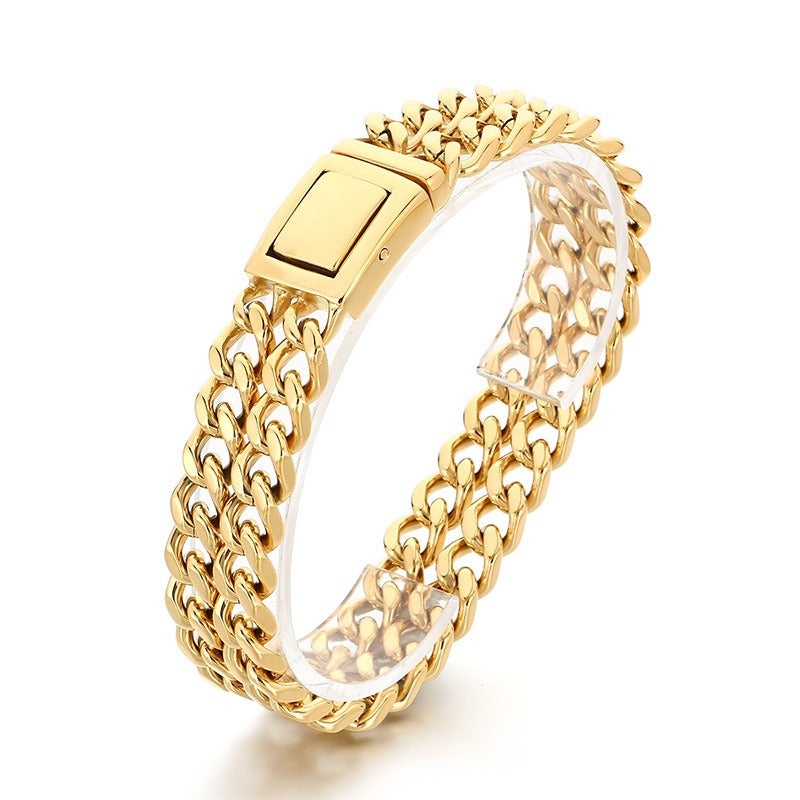 Kemstone Double Layer Cuban Chain Bracelet Titanium Steel Thick Link for Men Gold Silver KB184825-KJX