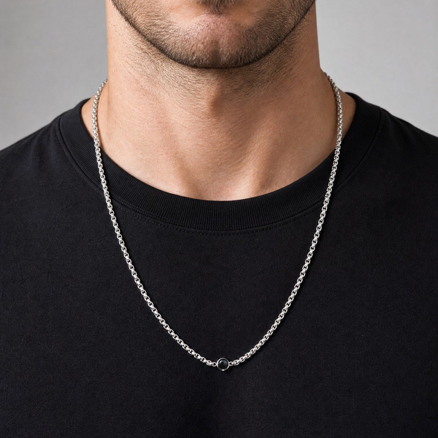 Kemston Stainless Steel Black Stone Beaded Necklace for Men Vintage Style NC-2944S
