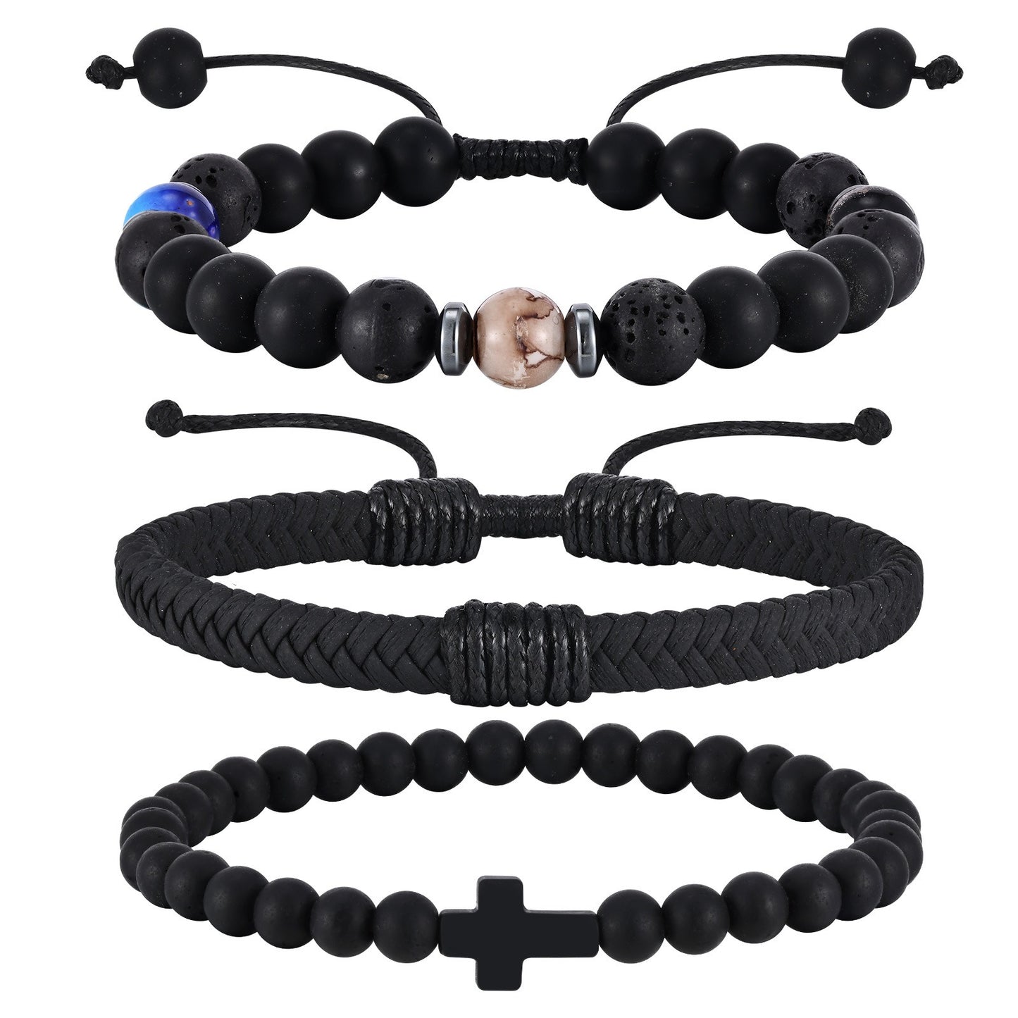 Kemstone Men’s Beaded Bracelet Set – Black Onyx, Lava Stone & Leather BR-2751