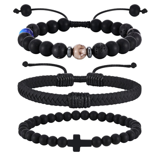 Kemstone Men’s Beaded Bracelet Set – Black Onyx, Lava Stone & Leather BR-2751