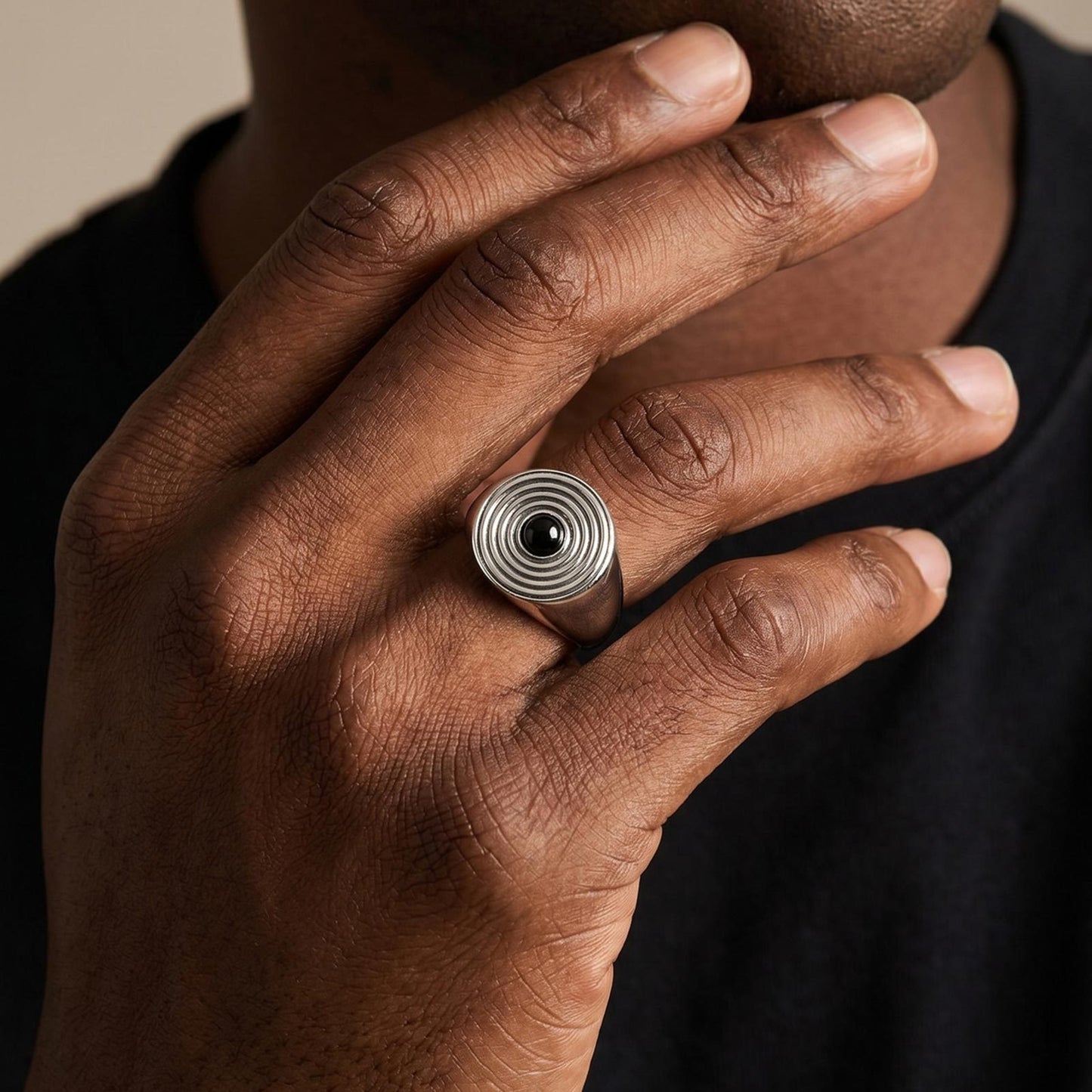 Kemstone Stainless Steel Black Stone Signet Ring for Men Concentric Pattern Vintage RC1108
