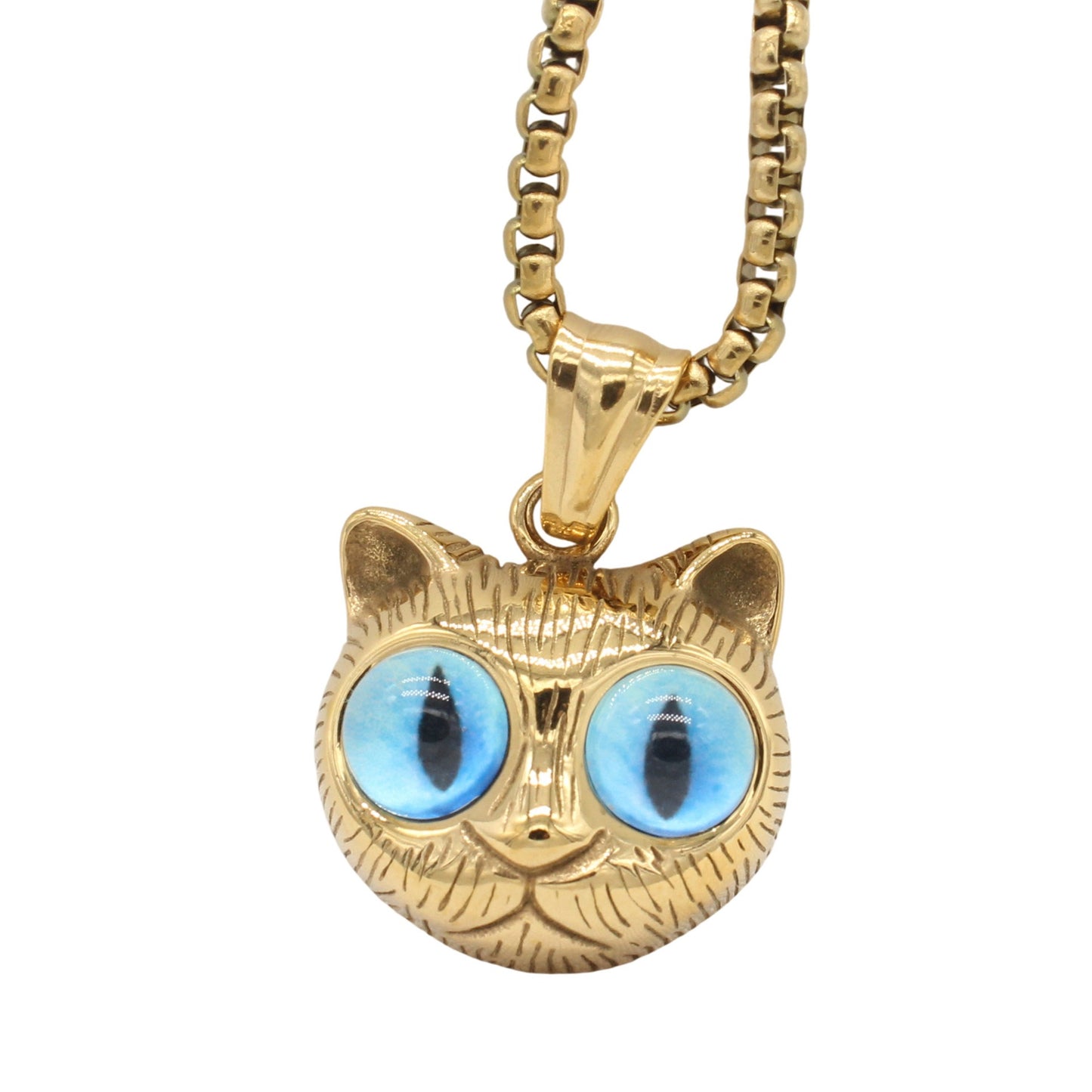 Kemston Blue Eyed Cat Pendant Necklace for Men Titanium Steel Vintage P1458