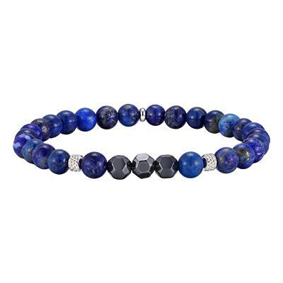 Kemston Lapis Lazuli Black Stone Beaded Bracelet for Men Stainless Steel Vintage Style BR-2917
