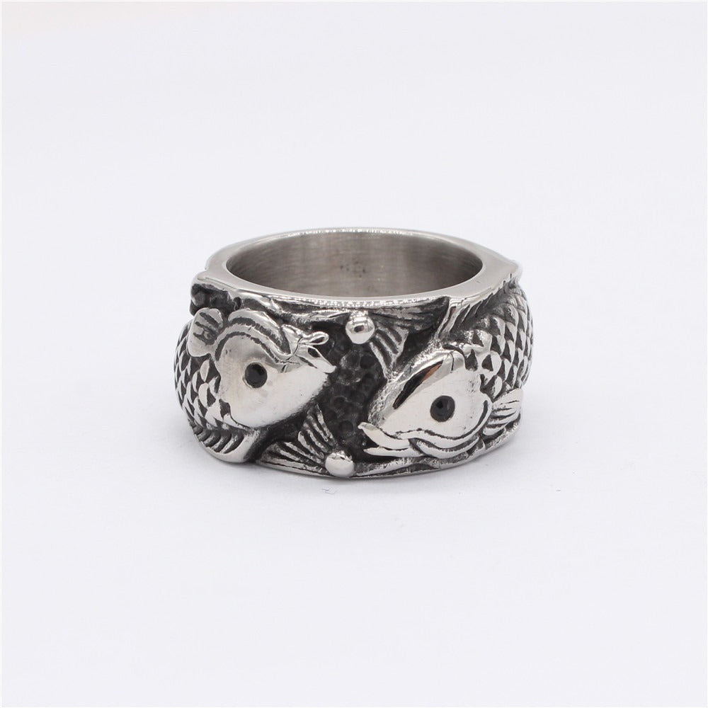 Kemston Titanium Steel Double Koi Fish Ring for Men Vintage R1375