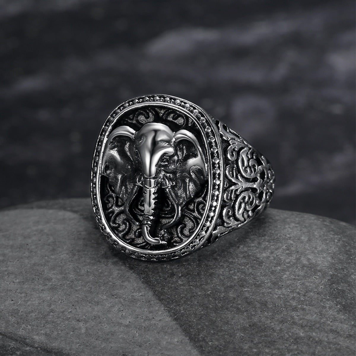 Kemstone Elephant Signet Ring for Men Stainless Steel Vintage Engraved TR0398
