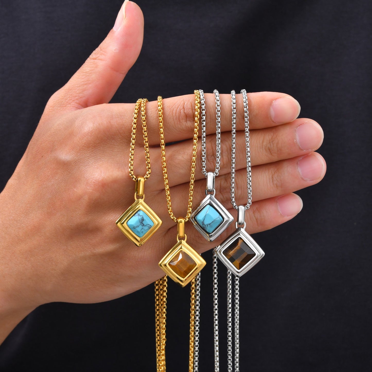 Kemston Tiger Eye Square Pendant Necklace for Men Stainless Steel Geometric Stone Design PN-2436