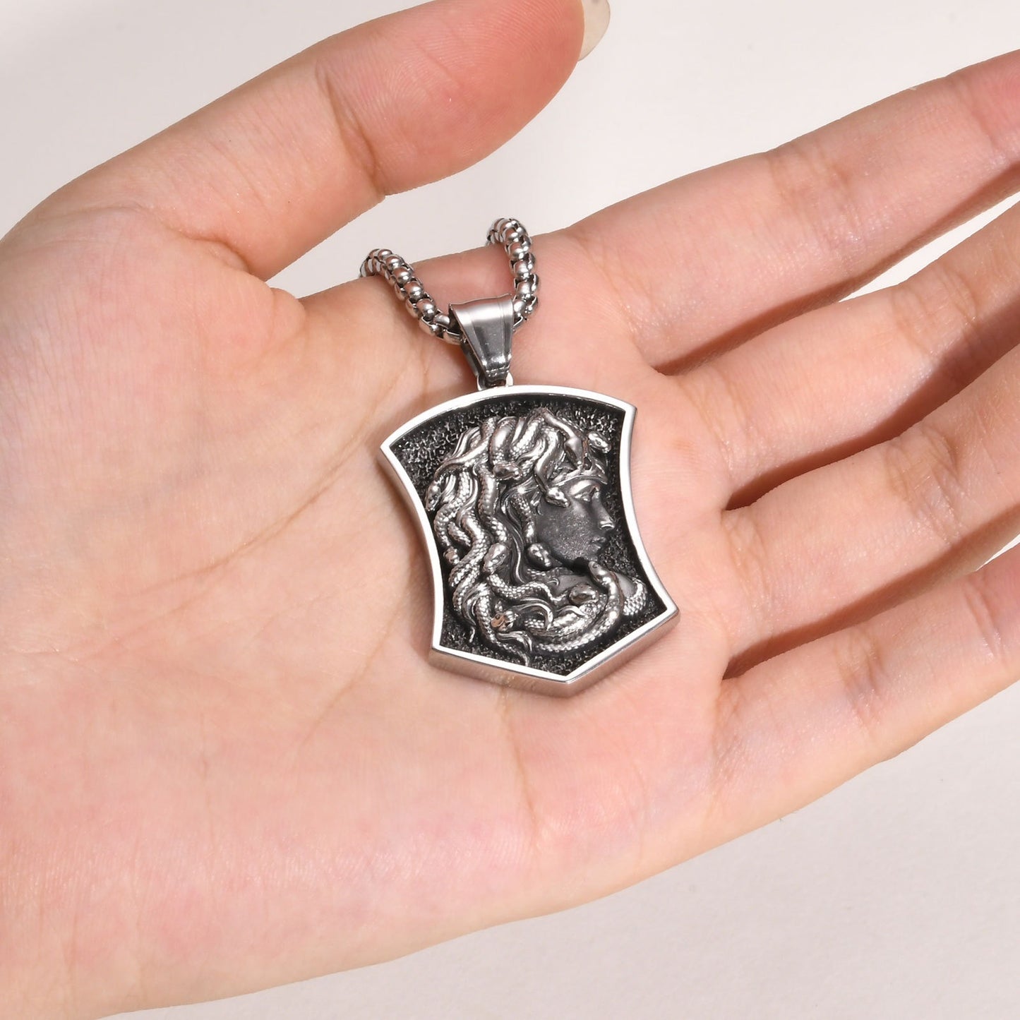 Kemstone Men’s Stainless Steel Medusa Pendant Necklace – Dark Relief Design PN-2021