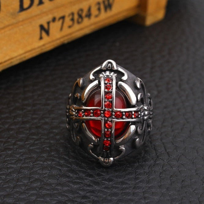 Kemstone Titanium Steel Red Cross Signet Ring for Men Vintage Gothic Stone TR0054