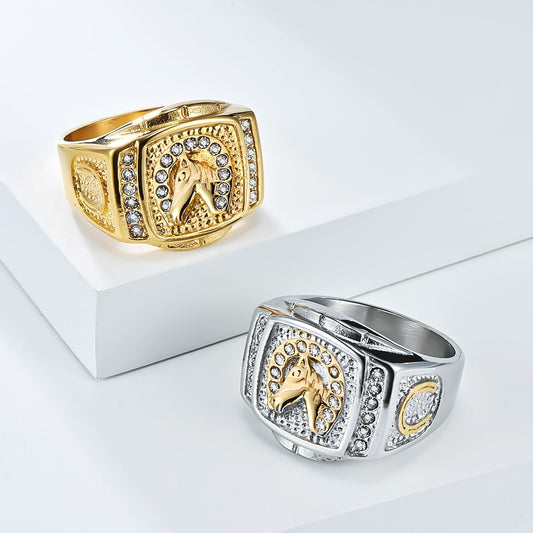 Kemstone Stainless Steel Horse Head Signet Ring for Men with Cubic Zirconia K-R1011