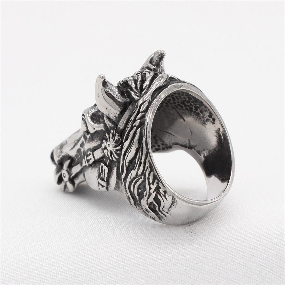 Kemston Sculpted Horse Head Ring for Men Titanium Steel Western R1755