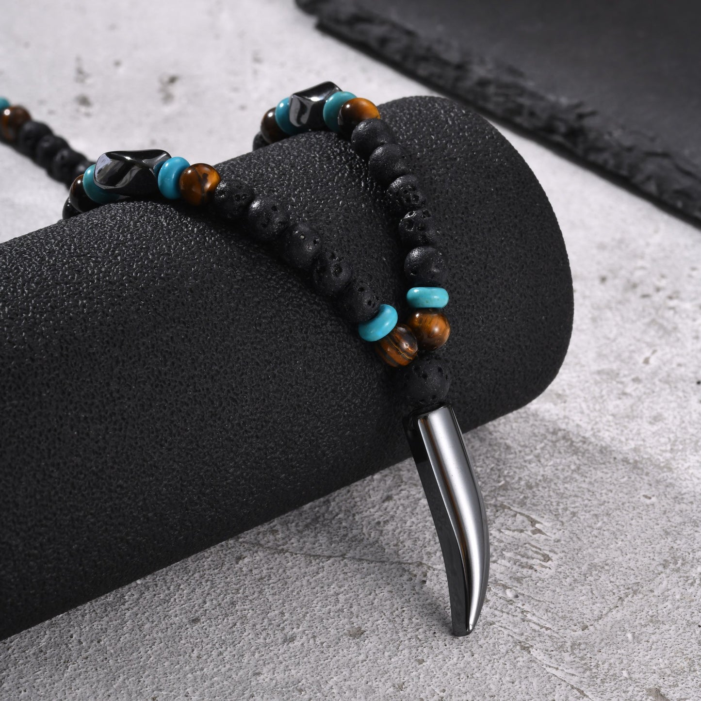 Kemston Wolf Fang Pendant Necklace for Men Stainless Steel Lava Stone Beaded NC-3019