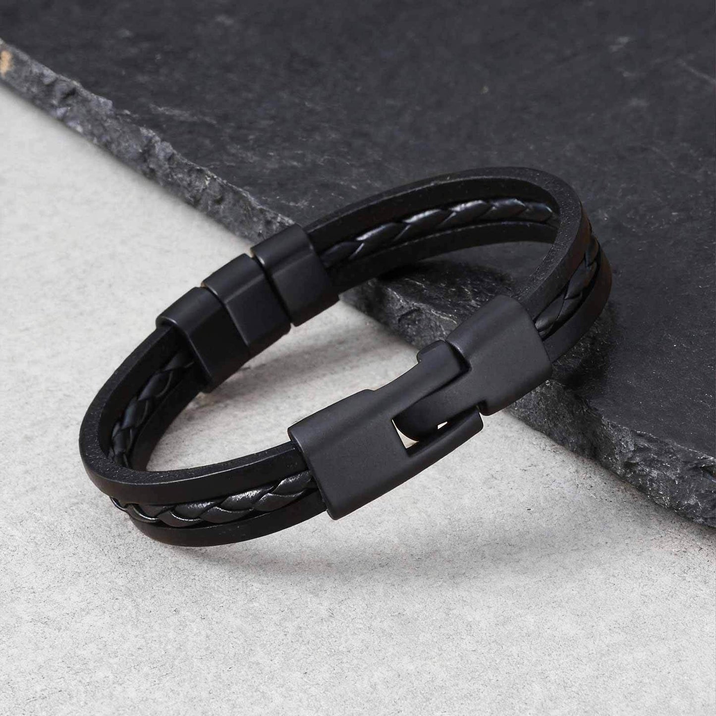 Kemstone Triple Layer PU Leather Bracelet – Black Minimal Street Style for Men BL-826