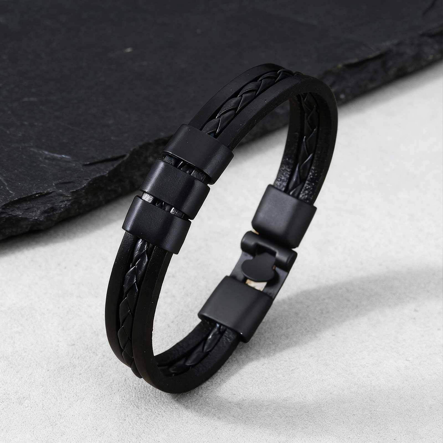 Kemstone Triple Layer PU Leather Bracelet – Black Minimal Street Style for Men BL-826
