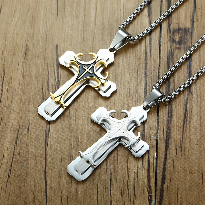 Kemston Titanium Steel Layered Cross Pendant Necklace for Men Vintage Style PN-097