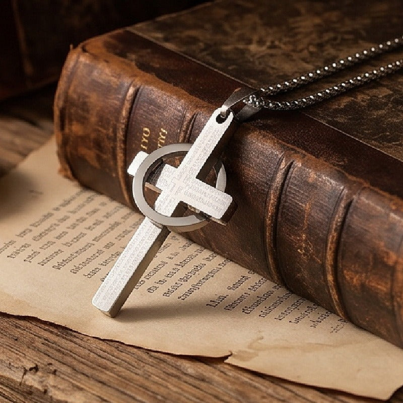 Kemstone Titanium Steel Engraved Cross Pendant for Men Vintage Ring Cross Chain KP119055-Z