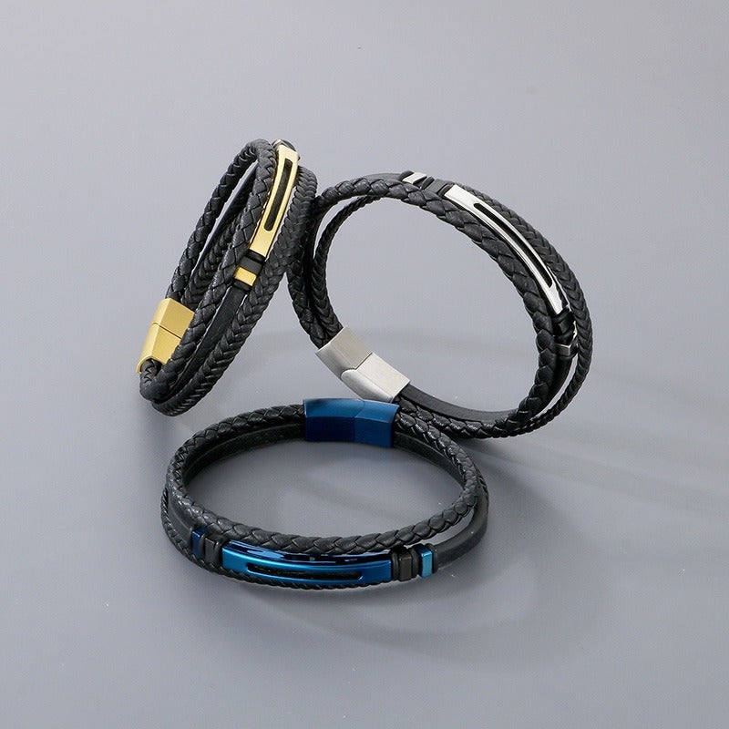 Kemstone Layered Braided Black Leather Bracelet for Men Titanium Steel Accent KB180741-JR