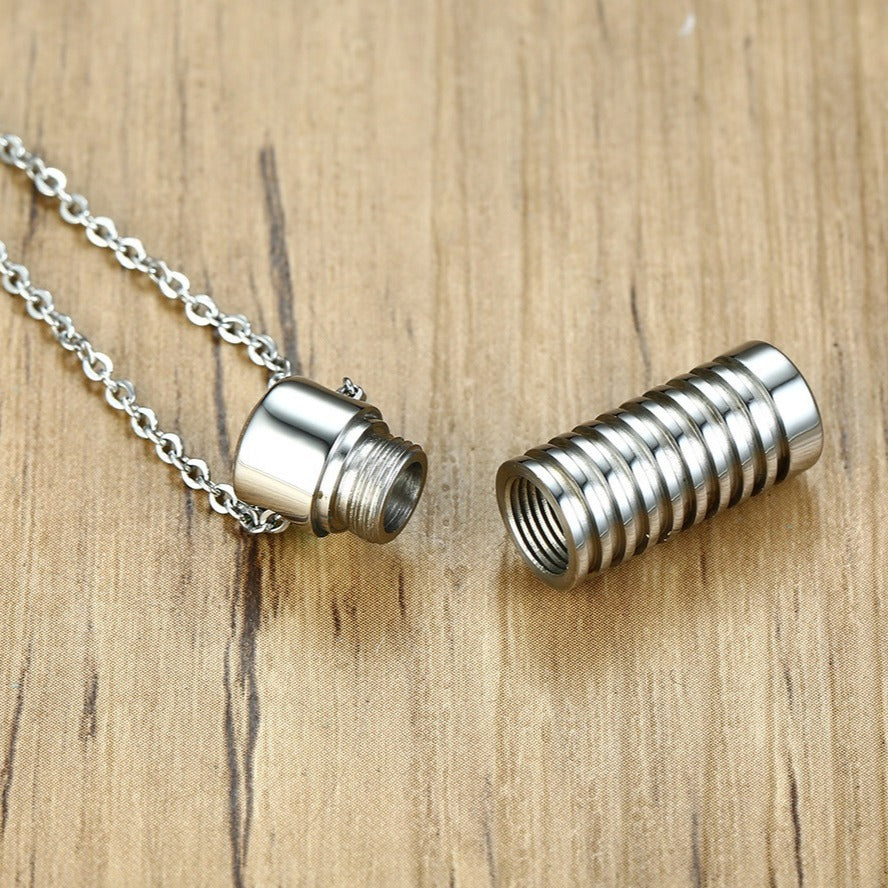 Kemston Screw Cylinder Memorial Pendant Necklace for Men Stainless Steel Keepsake Design PN-1135S