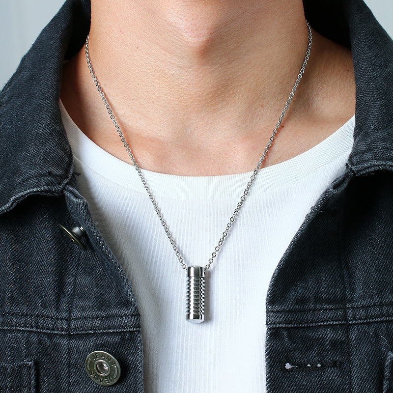 Kemston Screw Cylinder Memorial Pendant Necklace for Men Stainless Steel Keepsake Design PN-1135S