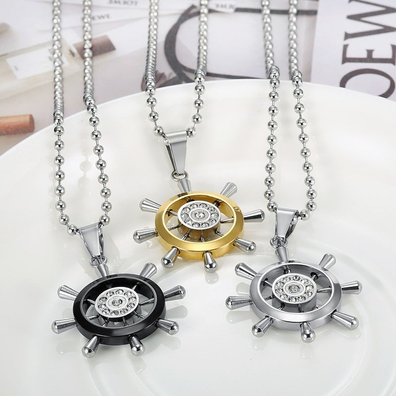 Kemston Titanium Steel Ship Wheel Necklace for Men Nautical Vintage TN0302