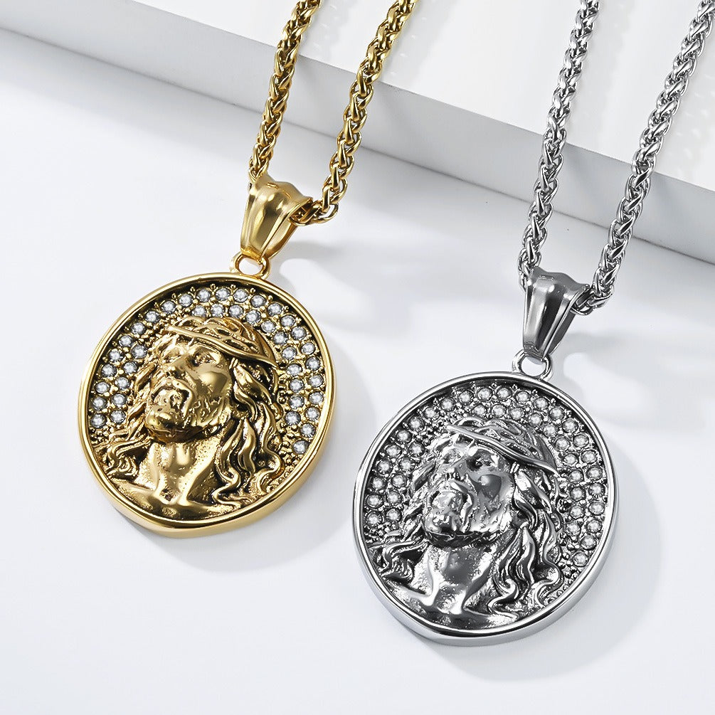 Kemston Stainless Steel Oval Portrait Pendant Necklace for Men Vintage Thorn Detail K-PT730